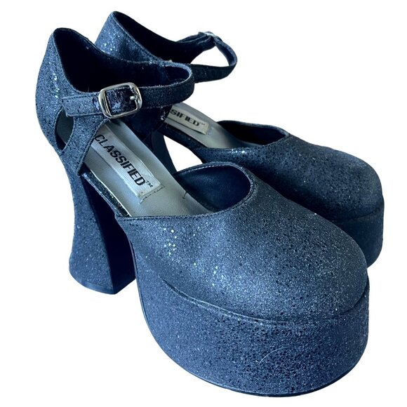 Vintage Y2K Womans 5.5 Platform SHIMMER Sandals Round Toe Block Heel Black 1990s - Picture 3 of 6